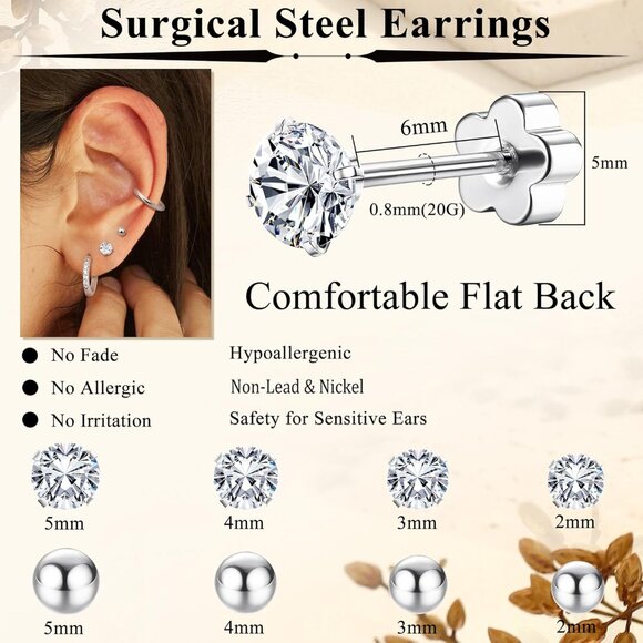Hypoallergenic Surgical Steel Flat Back Earrings Set for Sensitive Ears Silver G - Picture 4 of 6